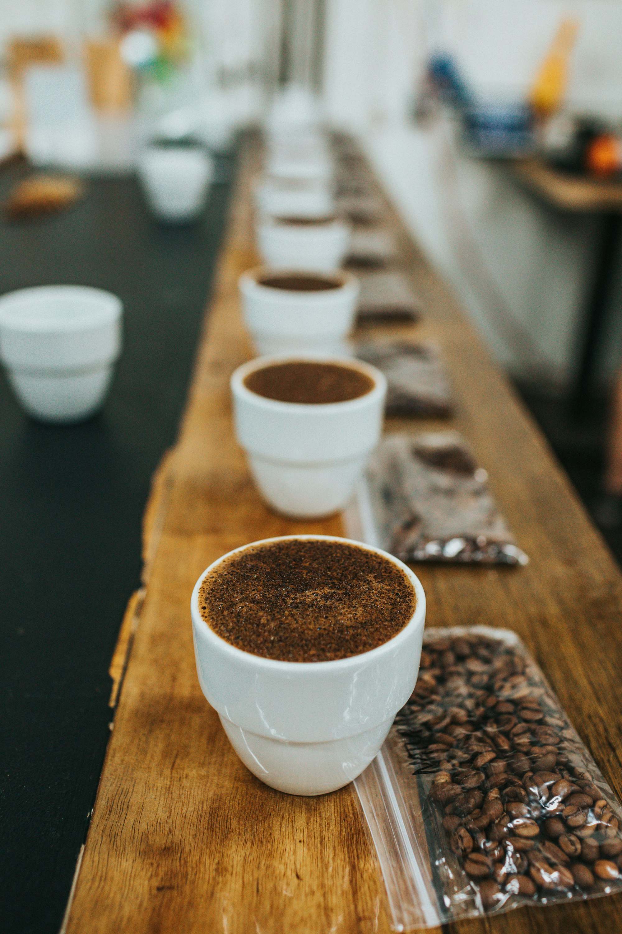 Fila de tazas de cata con café molido sobre una barra de madera