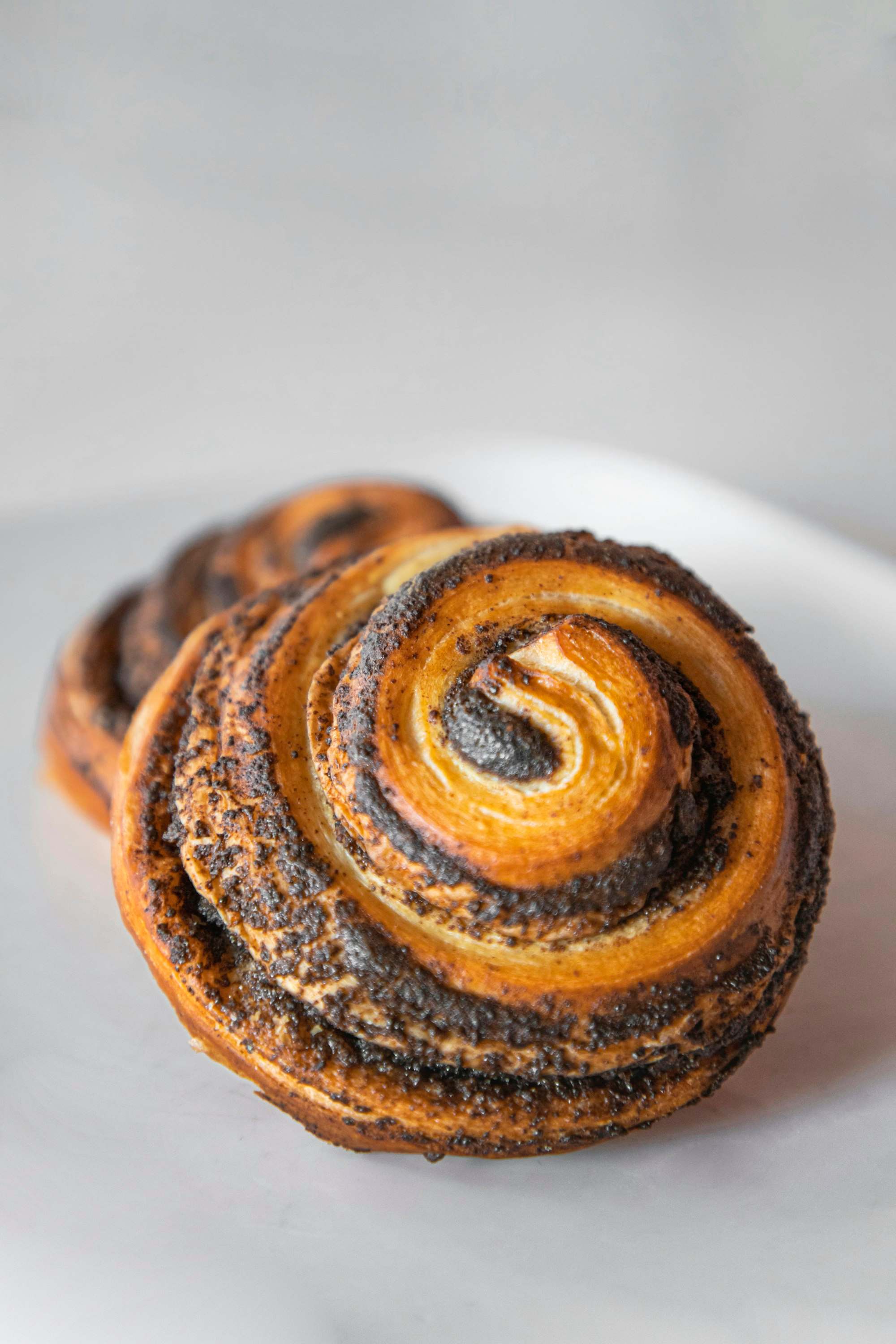 Caracol de masa danesa con semilla de amapola sobre un plato blanco